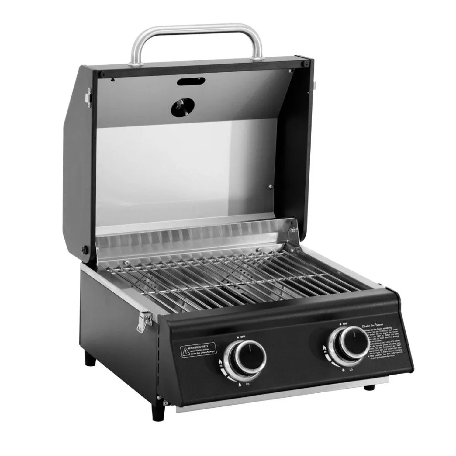 Kompakter schwarzer Taino Platinum Gasgrill mit 2 Edelstahlbrennern und offenem Deckel. Ideal als Tischgrill für Camping & BBQ.