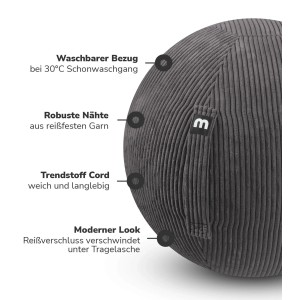 Anthrazitfarbener mokebo Sitzball aus Cordstoff, Detailaufnahme der Textur und des Logos.