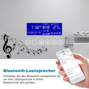 LED Badspiegel mit digitaler Anzeige für Uhrzeit, Temperatur und Bluetooth-Musik. Smartphone verbindet sich mit dem Spiegel.