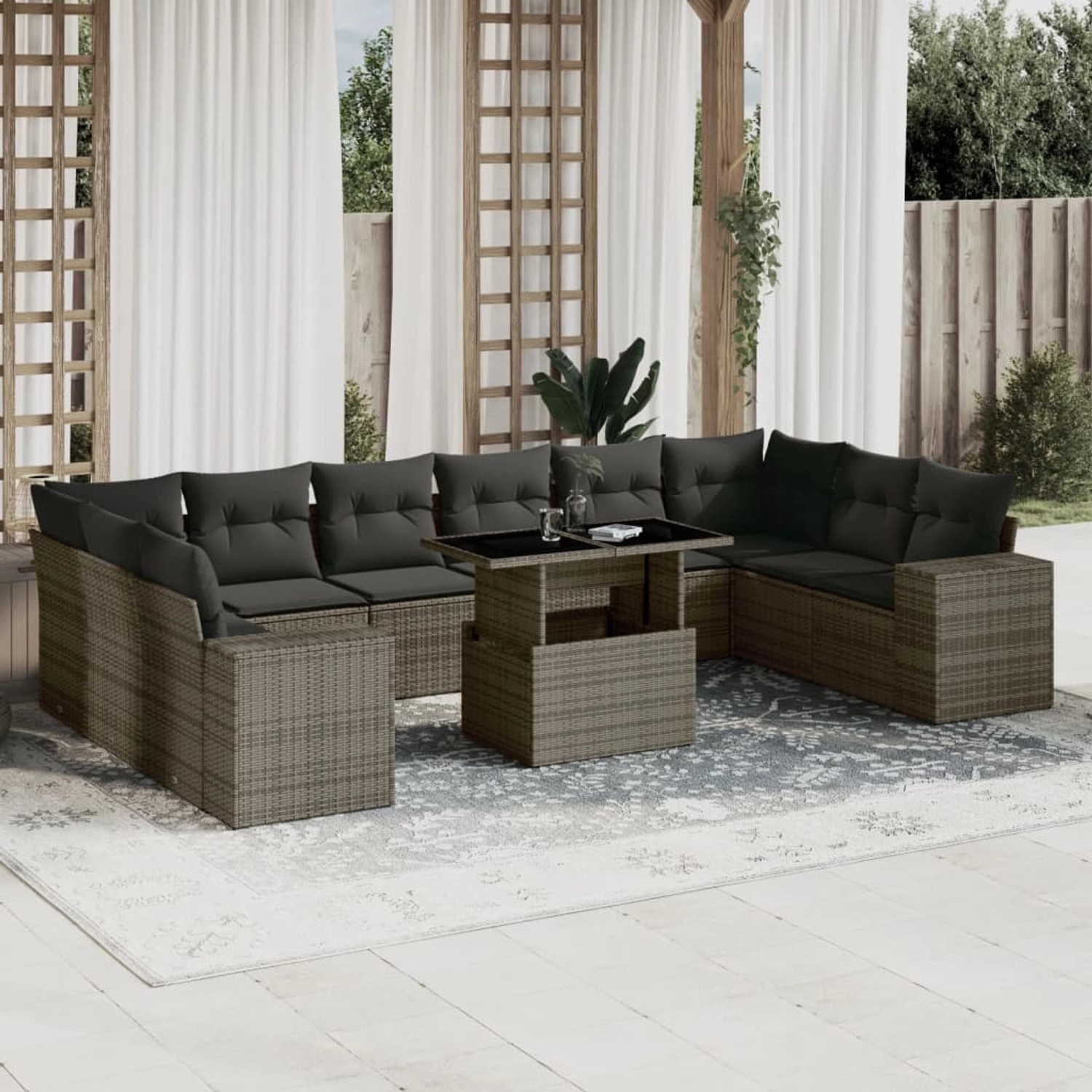 Graue 11-tlg. vidaXL Garten-Sofagarnitur aus Polyrattan mit Tisch und Kissen.