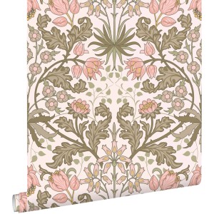ESTAhome Vliestapete mit Jugendstil Blumenmuster in Hellrosa und Graugrün. Dekorative Wandgestaltung.