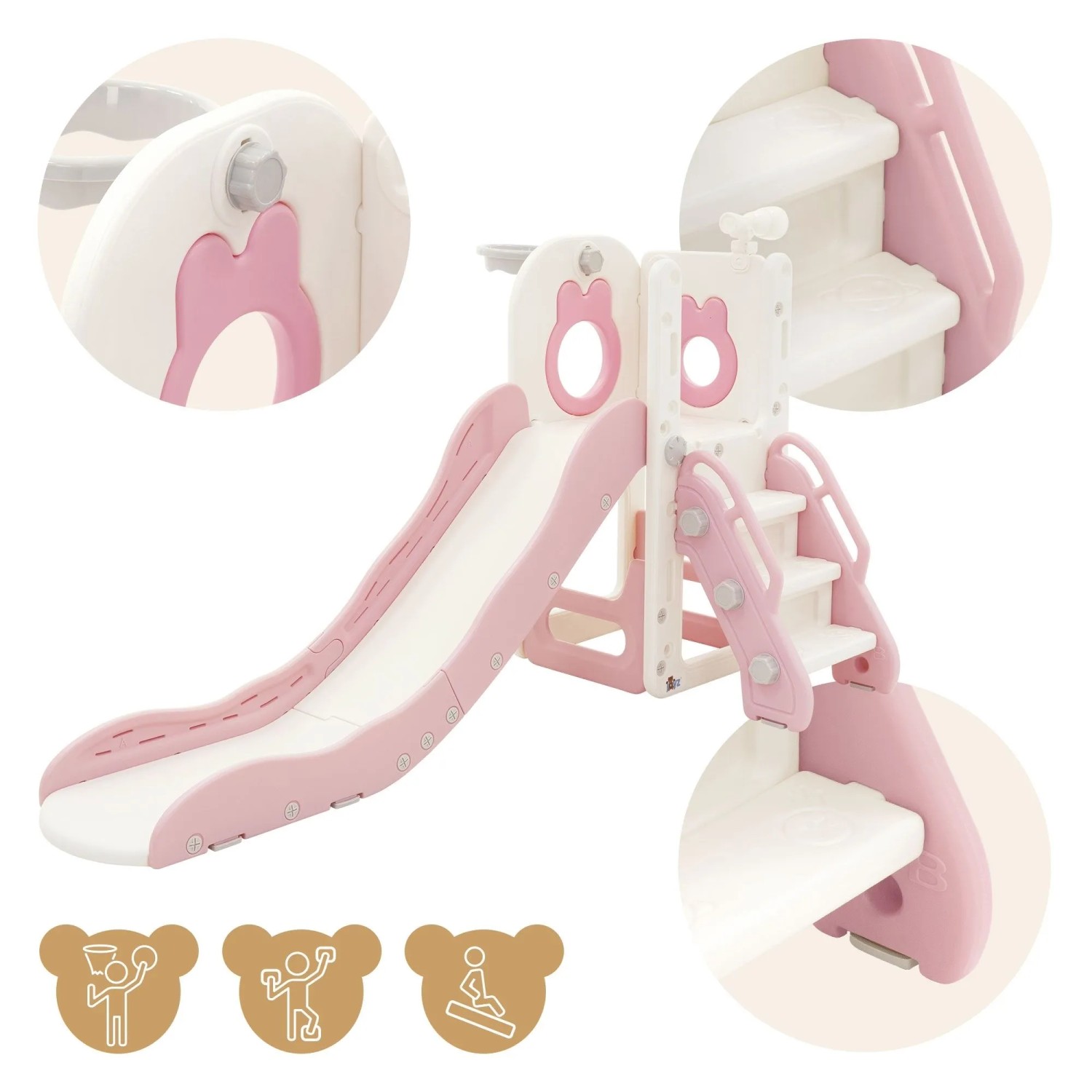 Joyz 3in1 Kinderrutsche Rosa Kunststoff mit Spielturm & Basketballkorb_6