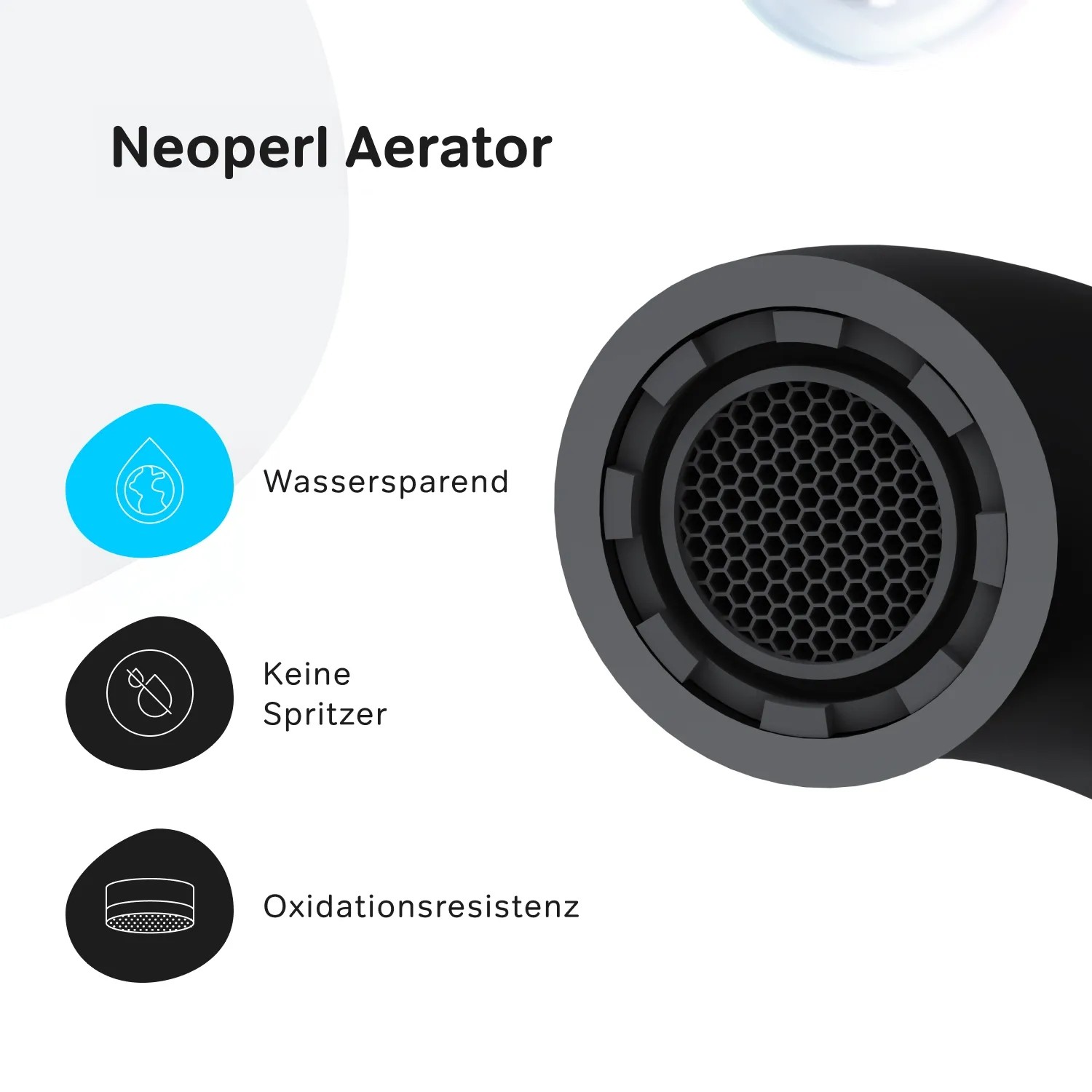 Detailaufnahme des Neoperl Aerators der AM.PM Spike Wannenarmatur in Schwarz. Wassersparend, keine Spritzer, oxidationsresistent.