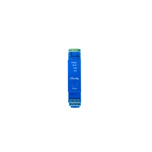 Blaues Shelly Pro 1 Relaismodul für Hausautomation mit LAN, WLAN und Bluetooth.