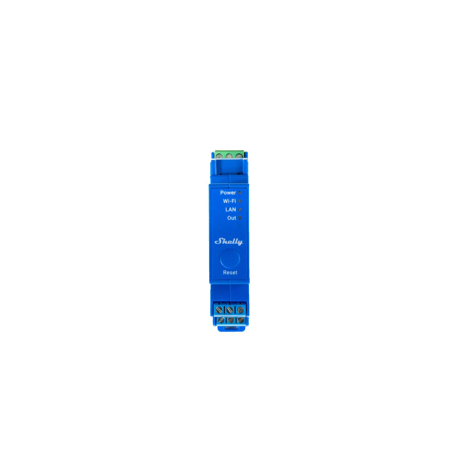 Blaues Shelly Pro 1 Relaismodul für Hausautomation mit LAN, WLAN und Bluetooth.
