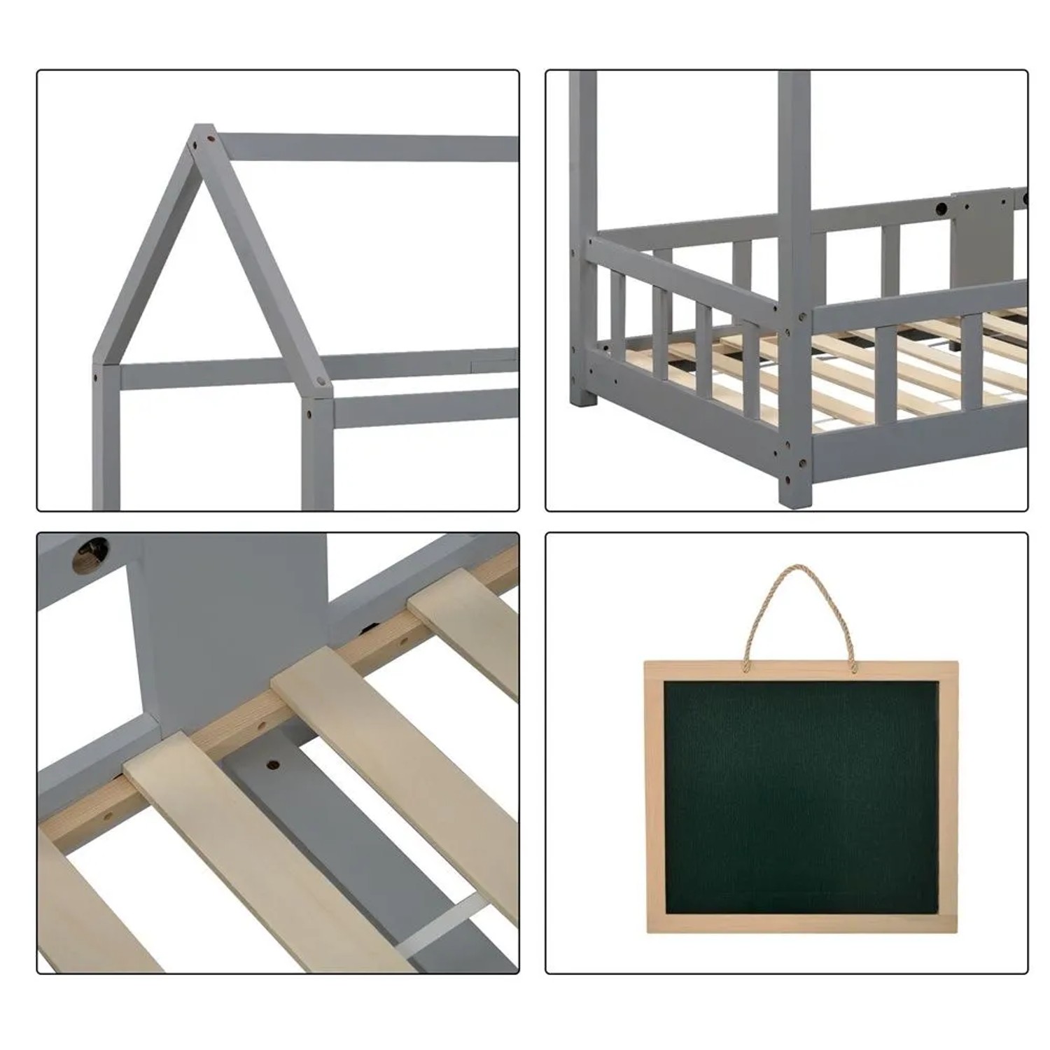 KOMHTOM Kinderbett  Hausbett  90 x 200 Cm  Holzbett Mit Lattenrost Und Absturzsicherung  Kiefer + Mdf  Grau  Ohne Matratze