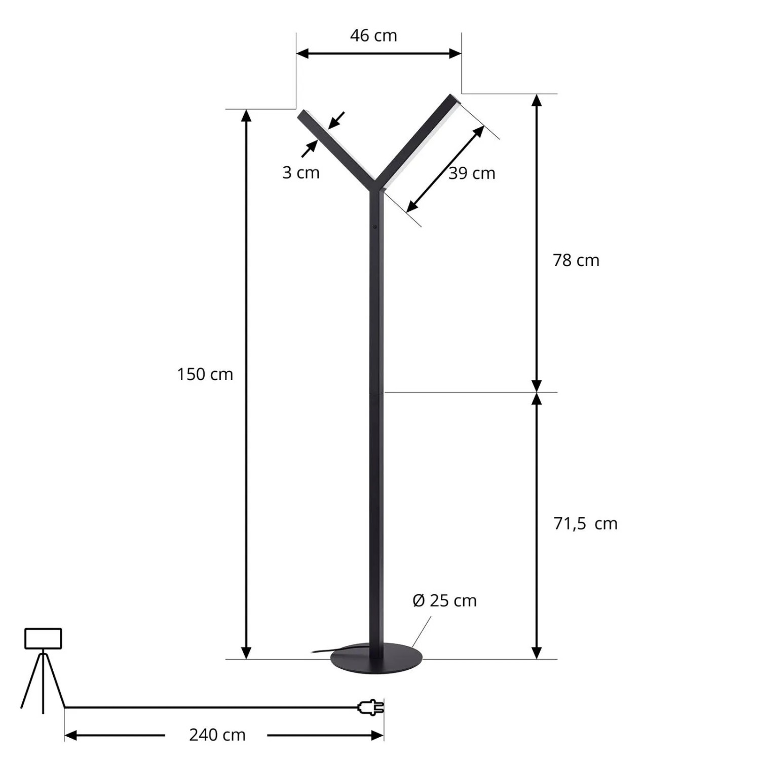 Abbildung der Lucande LED Stehlampe Ilian in Schwarz mit Maßangaben.