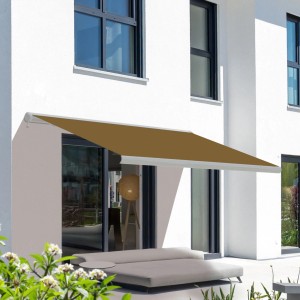 Elektrische Kassettenmarkise, sandfarbenes Tuch, weiße Kassette, 4,0x3,0m. Sonnenschutz für Terrasse.