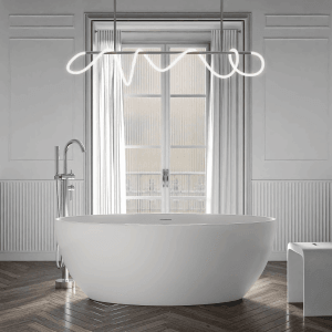 Freistehende, matte, weiße Acryl Badewanne TERRA 2.0, 180x80 cm, im modernen Badezimmer.