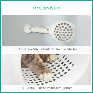 Detailansicht: PawHut Katzentoilette mit Haube, Streuschaufel und Gittereinstieg.
