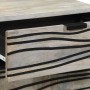 Geöffnete Nachttisch-Schublade aus weiß-schwarzem Mangoholz mit wellenförmiger Textur und Griff.
