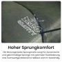 Detailaufnahme: Schwarze Sprungmatte mit weißem "Zero Gravity" Logo für Gartentrampolin.