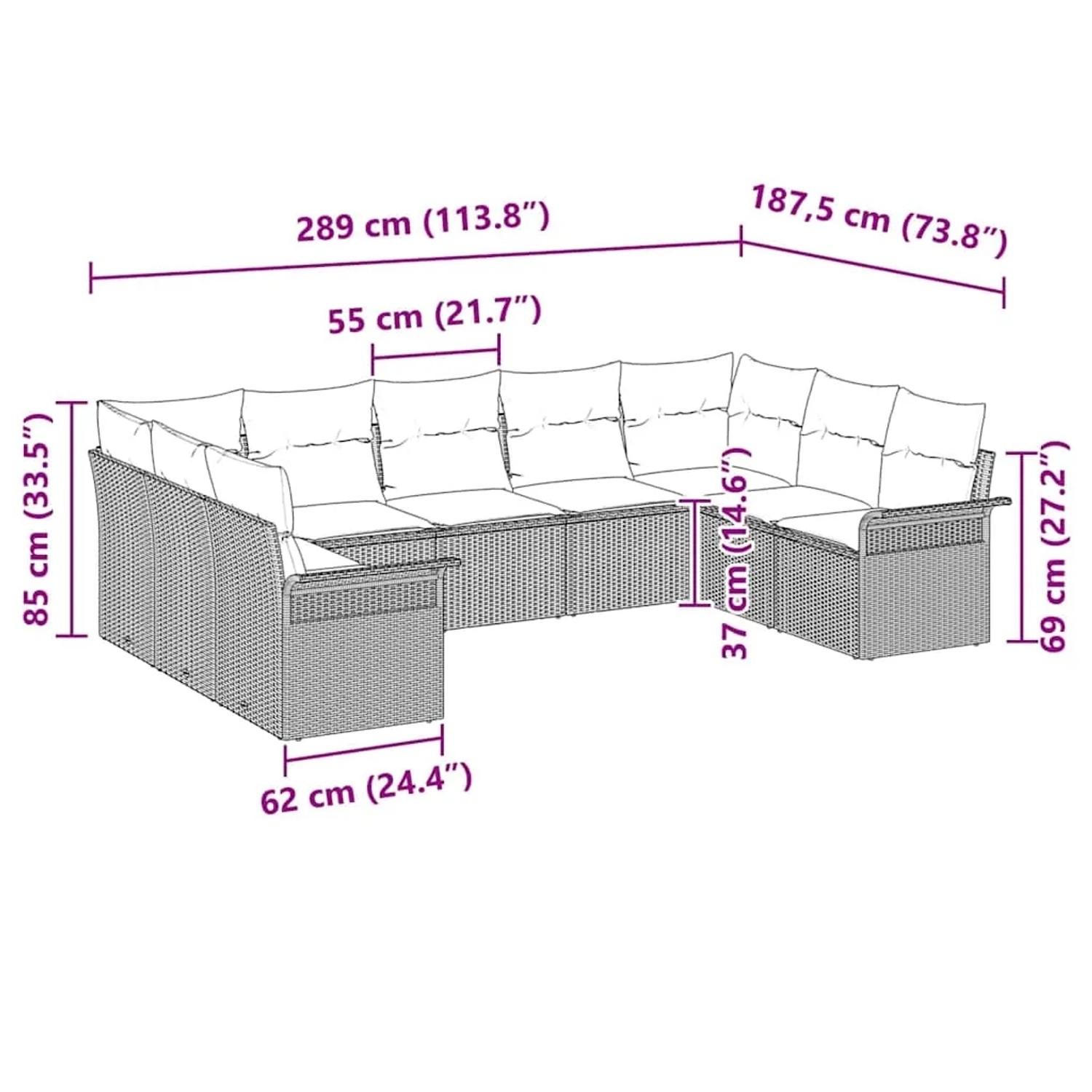 vidaXL Garten-Sofa-Set 9-tlg beige Poly Rattan, Maße: 289x187,5x85cm, Detailansicht