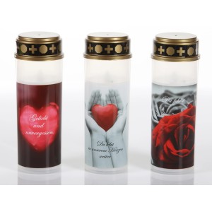 FlowerPower LED Gloria Grablampe, 3 weiße Lampen mit Herz- und Rosenmotiven.