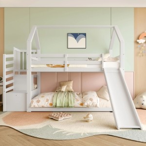 KOMHTOM Etagenbett Mit Stauraumtreppe Und Rutsche Hausbett Kinderbett Mit Geländer 90x200Cm Weiß Ohne Matratze