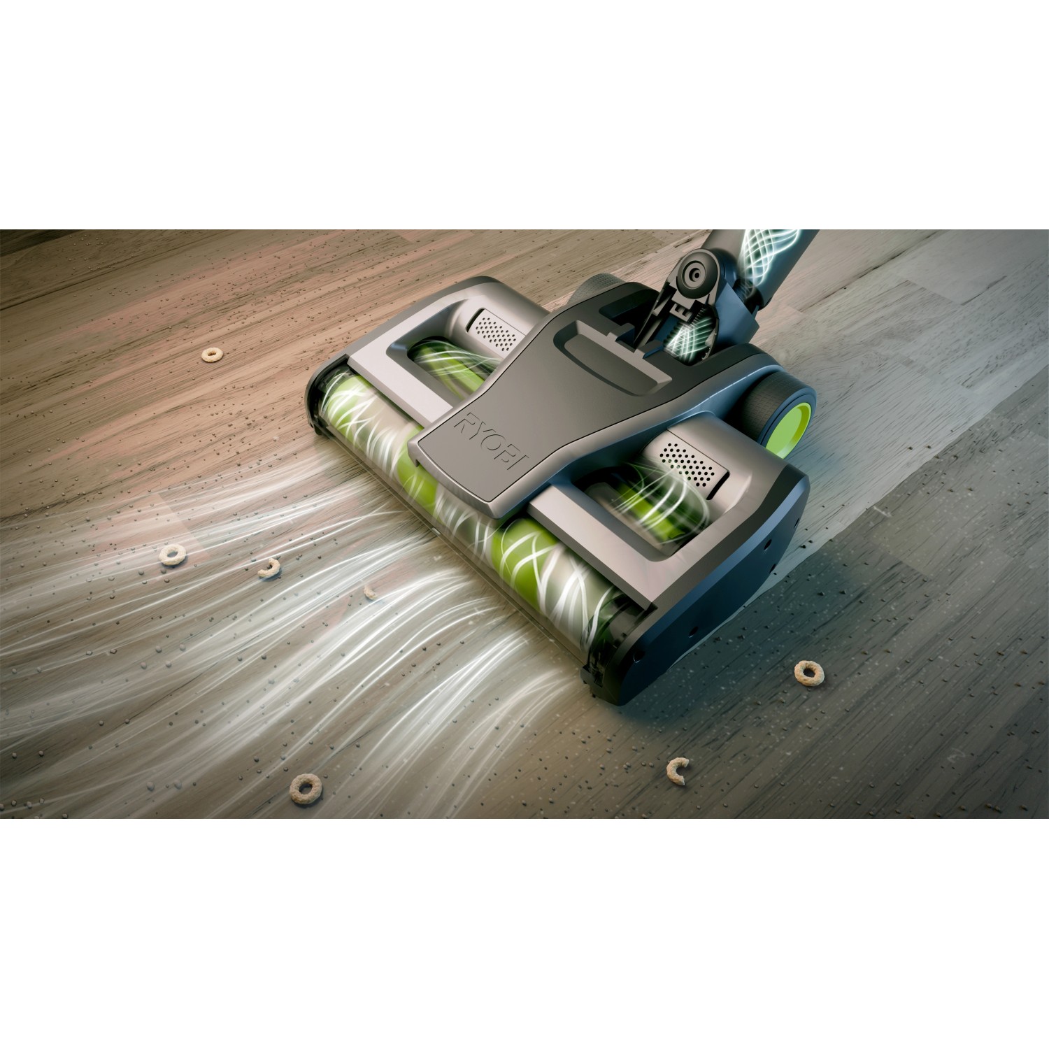 Ryobi Akku-Staubsauger RASV18BL-0 in Aktion, saugt Krümel vom Holzboden. Handstaubsauger mit LED-Licht.