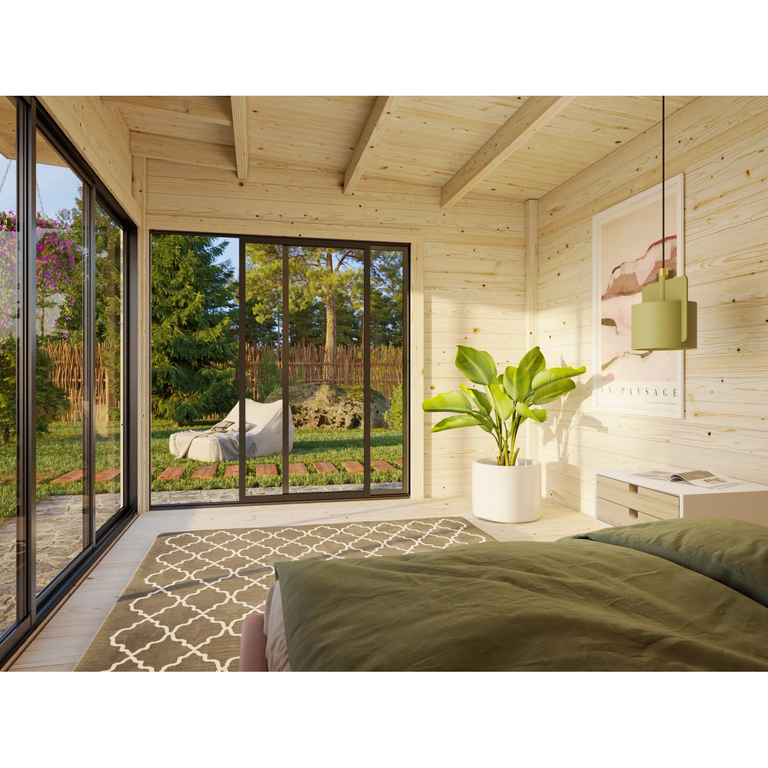 Innenansicht Palmako Gartenhaus Andrea mit Schiebetür, hellgrau-anthrazit, eingerichtet mit Bett und Pflanze.