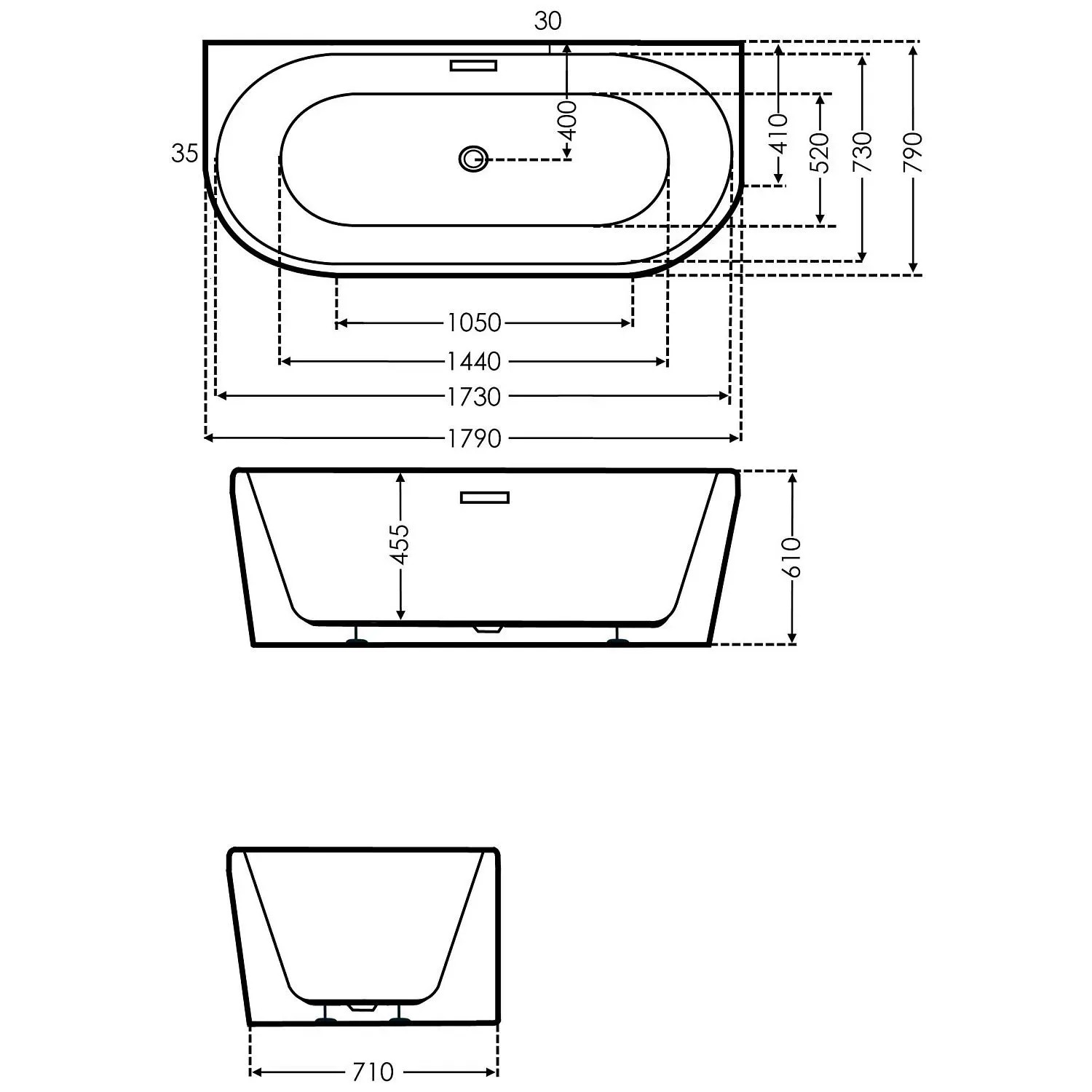 Technische Zeichnung der weißen Steinkamp Vorwand-Badewanne Loft, 180x80 cm, mit Maßangaben.