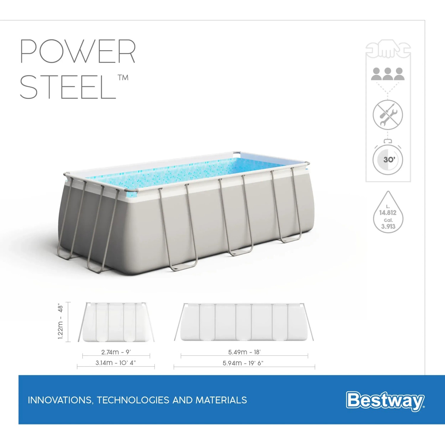 Bestway Power Steel Frame Pool Set, 549x274x122 cm, rechteckig, mit Stahlrahmen und Zubehör.