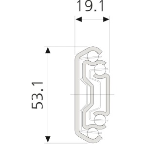 Accuride Kugelkäfigführung Vollauszug, technische Zeichnung. Profil 19,1 mm Breite, 53,1 mm Höhe, Stahl verzinkt.