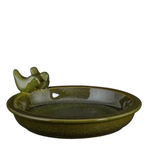 Grüne Keramik Vogeltränke Ø 30 cm mit zwei Vogel-Figuren. Wetterbeständig für den Garten.