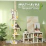 Cremeweißer PawHut Kratzbaum mit mehreren Ebenen und Katzen beim Klettern.