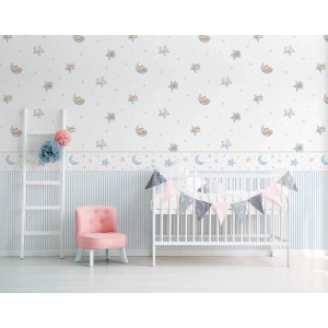 Sanders & Sanders Tapete: Blau-weiße Papiertapete mit schlafenden Tieren, Sternen & Monden im Kinderzimmer. Dekorative Wandgestaltung.