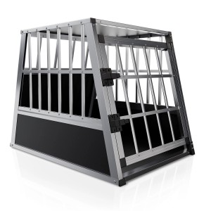 Juskys Alu Hundetransportbox L, leichte, silberne Hundebox mit schwarzen MDF-Platten.