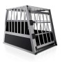 Juskys Alu Hundetransportbox L, leichte, silberne Hundebox mit schwarzen MDF-Platten.