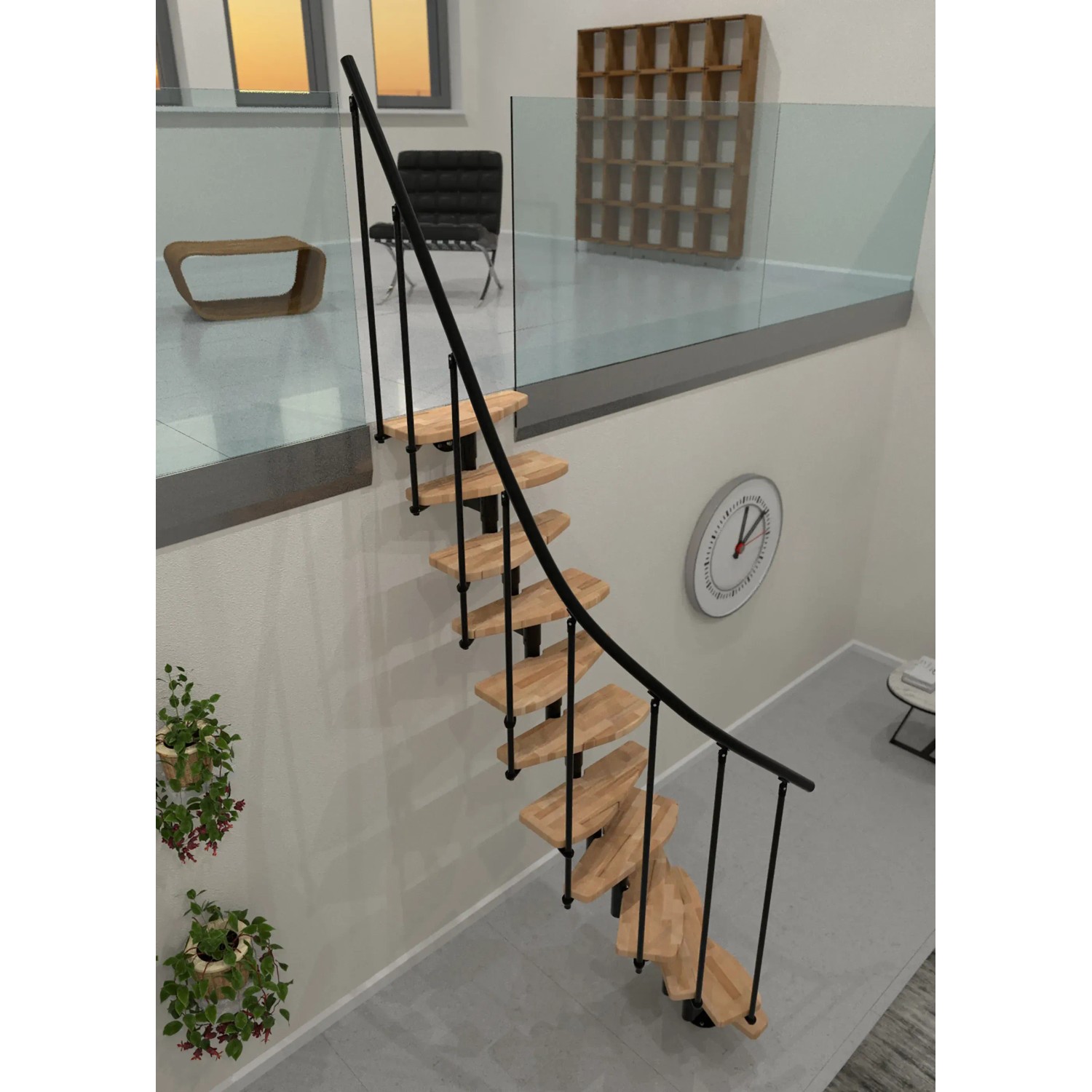 Minka Raumspartreppe Monte Carlo Buche-Schwarz, elegante Innentreppe mit Holzstufen und Metallgeländer.