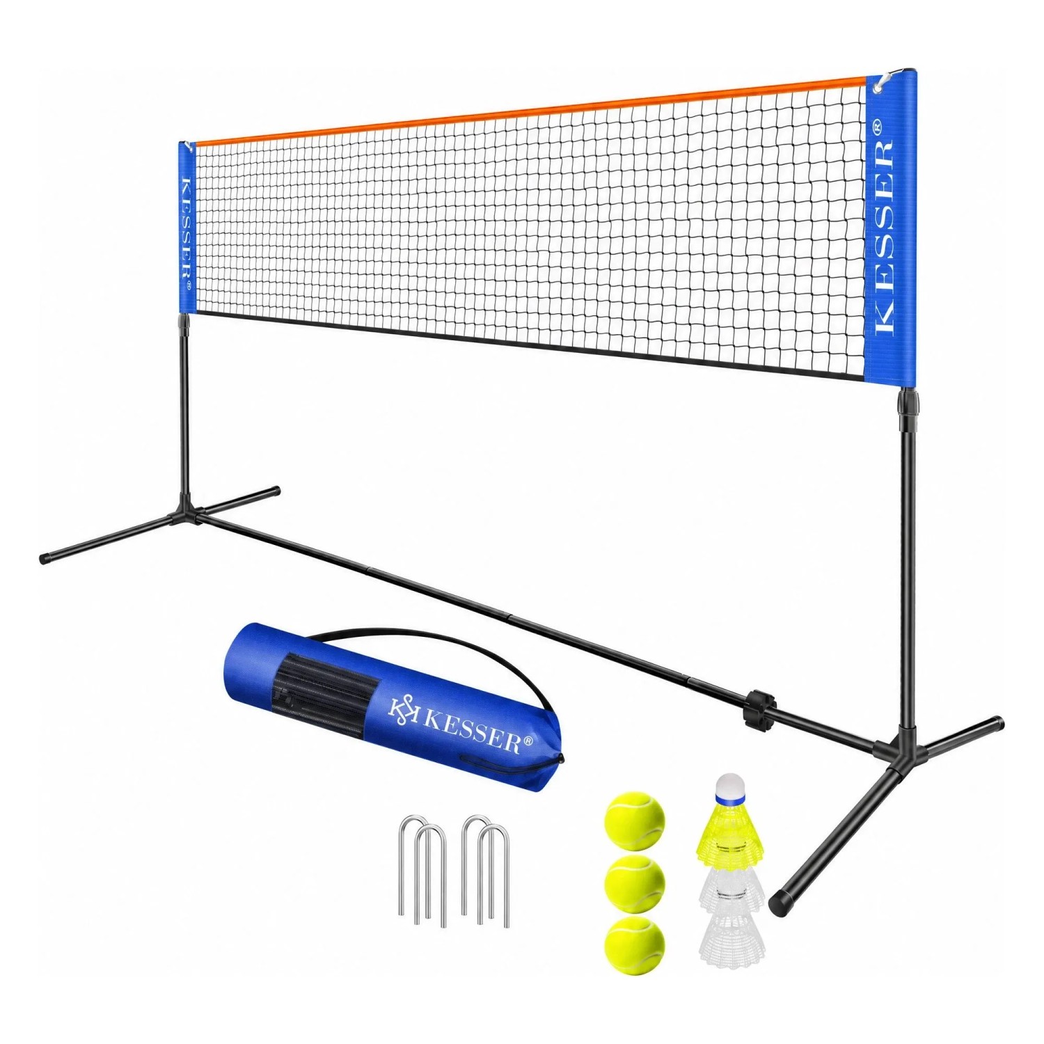KESSER Badmintonnetz 3fach Höhenverstellbar 500 cm Blau inkl. 3 Federbälle