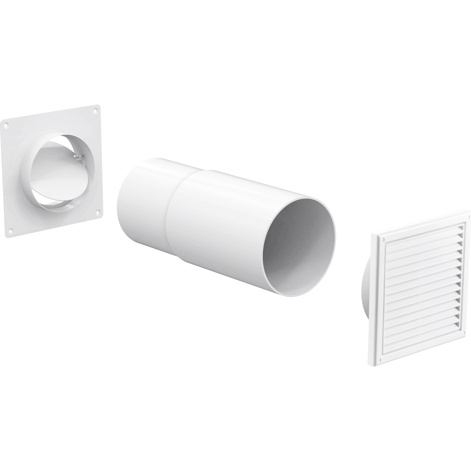 Weißer Teleskop-Mauerkasten mit Rundrohranschluss System 125 für Mauerlüfter.