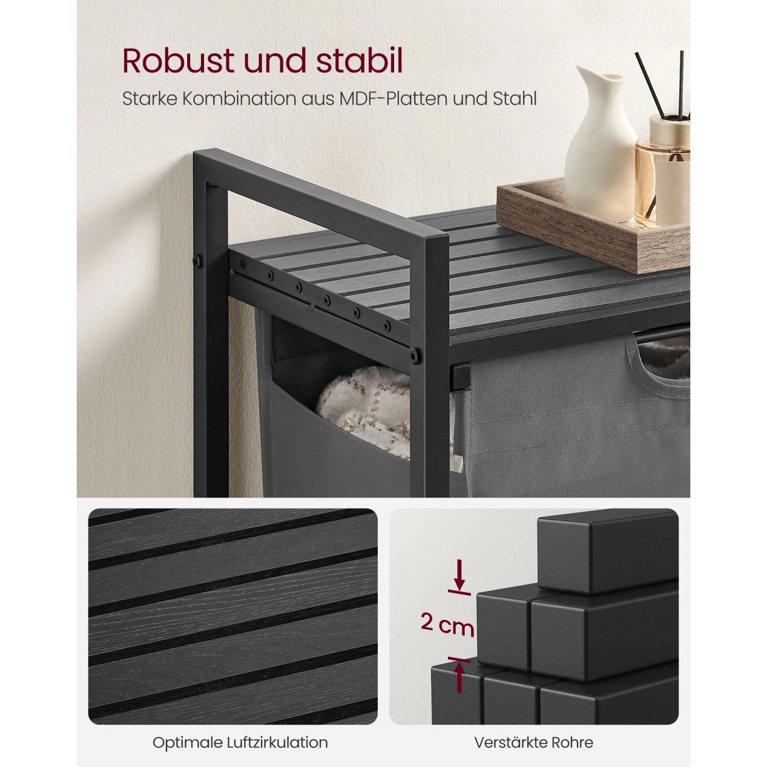 Vasagle Wäschesammler mit Ablage, schwarz-grau, mit Lamellen-Design für Luftzirkulation und robustem Stahlrohrrahmen.