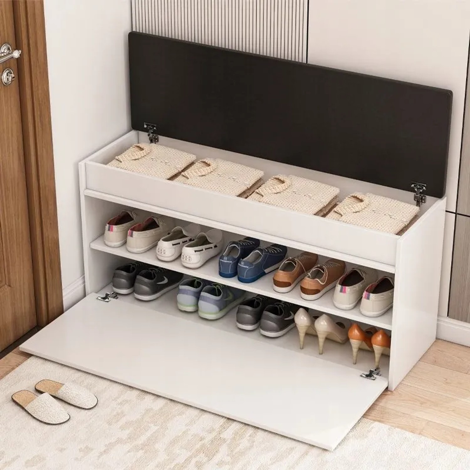 Rebiko Weißer Schuhschrank Mit Sitzfläche Und Stauraum Groß 2 Einlegeböden Zu Öffnen 100 Cm_2