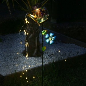 Marelida LED Solar Gießkanne Wasserfalleffekt Solarglas Mit Schmetterling Gartenstecker