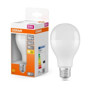Osram LED-Leuchtmittel E27 in Glühlampenform, 19W, warmweiß, neben Verpackung.