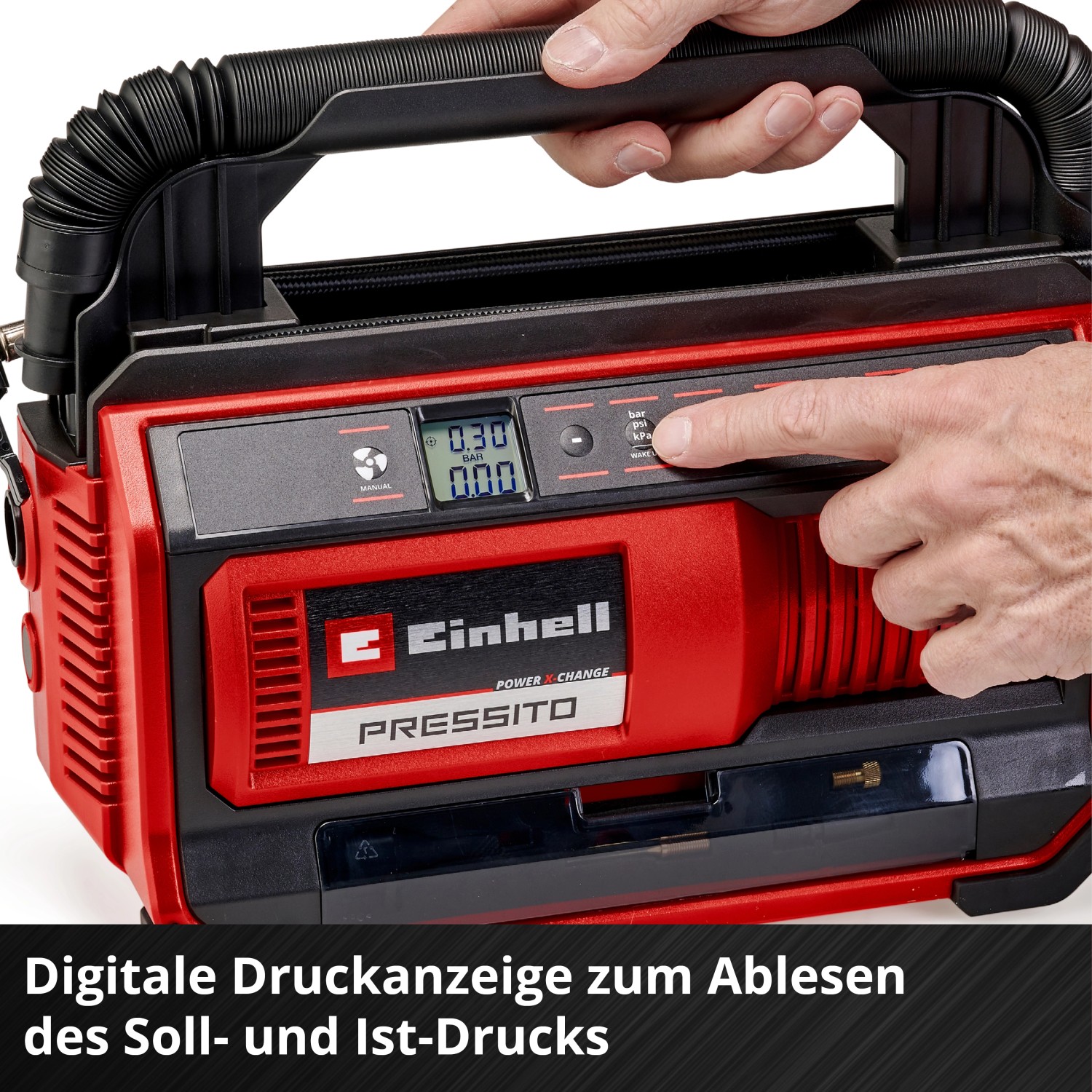 Einhell Akku-Kompressor Pressito 18/25: Druckanzeige für bar, psi, kPa. Ideal zum Aufpumpen von Reifen.