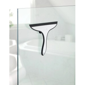 Wenko Badezimmerwischer Ibos, weißer Duschabzieher aus Kunststoff mit Saugnäpfen an Duschwand.