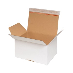 Weißer Automatikbodenkarton offen mit Selbstklebeverschluss und Aufreißfaden. Ideal für Versand und Umzugskartons.