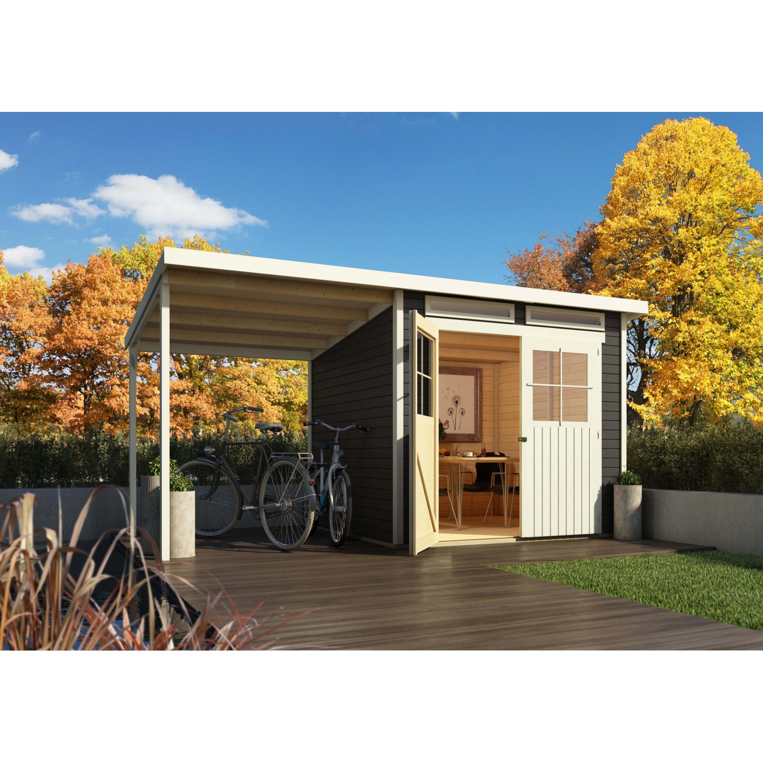 Karibu Holz-Gartenhaus/Gerätehaus Genf 4 Terragrau BxT:426 x 213 cm