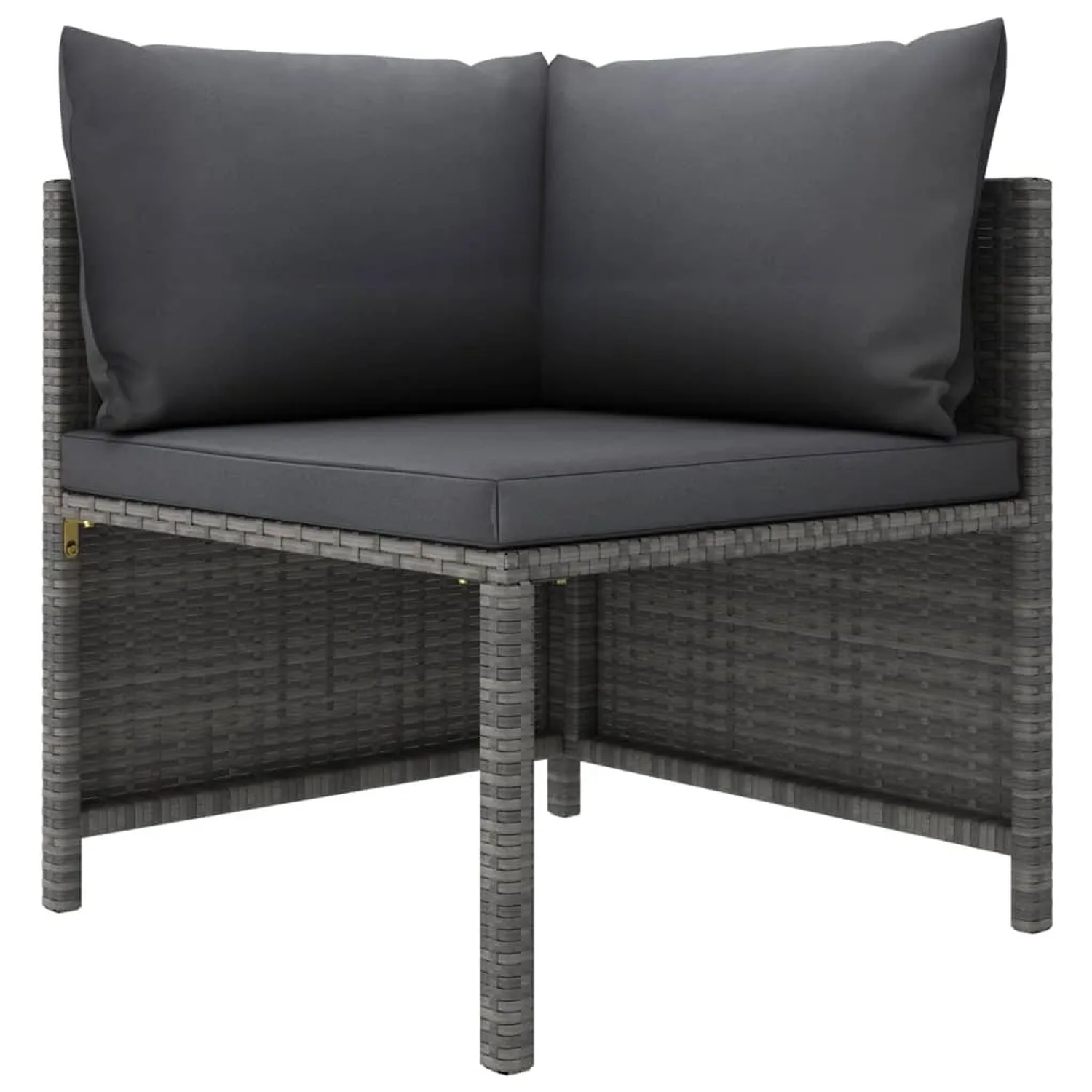 Graues vidaXL Garten-Lounge-Eckteil aus Rattan mit anthrazitfarbenen Kissen.