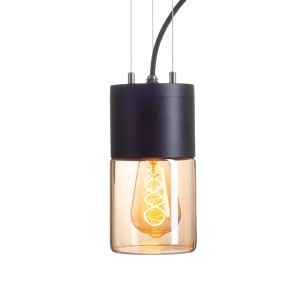 Rendl Aussenleuchte Quinn Schwarz, IP54. Moderne Hängeleuchte mit schwarzem Metall, bernsteinfarbenem Glas und E27 LED-Glühbirne.