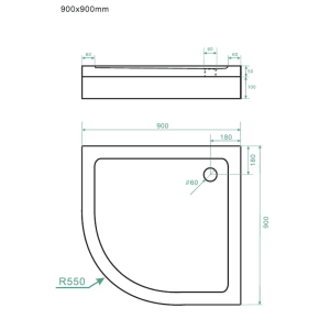 Technische Zeichnung einer Viertelkreis Duschtasse 90x90 cm von Dein Bau Projekt.