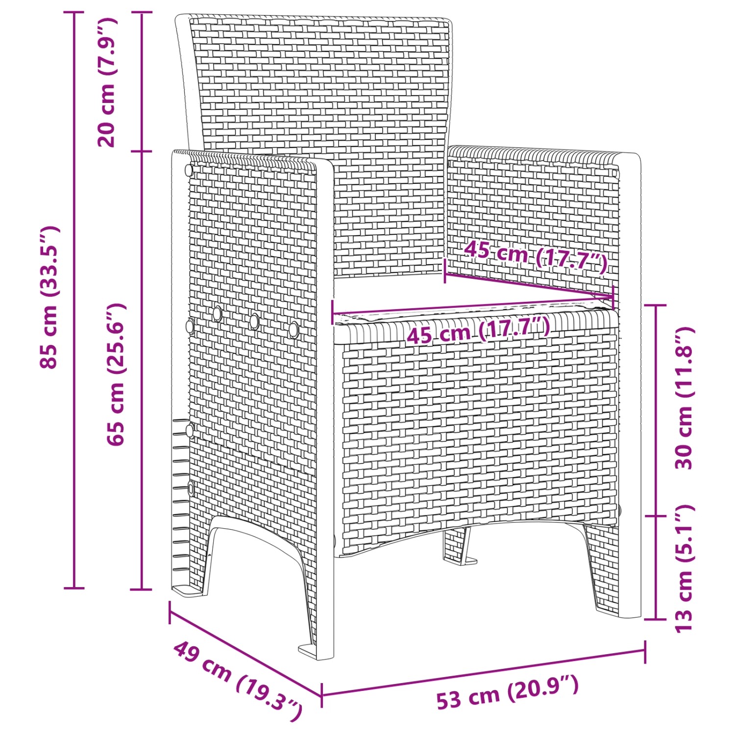 Detailzeichnung: vidaXL Garten-Essgruppe, 9-teilig, braun, Poly Rattan, Maße des Stuhls.