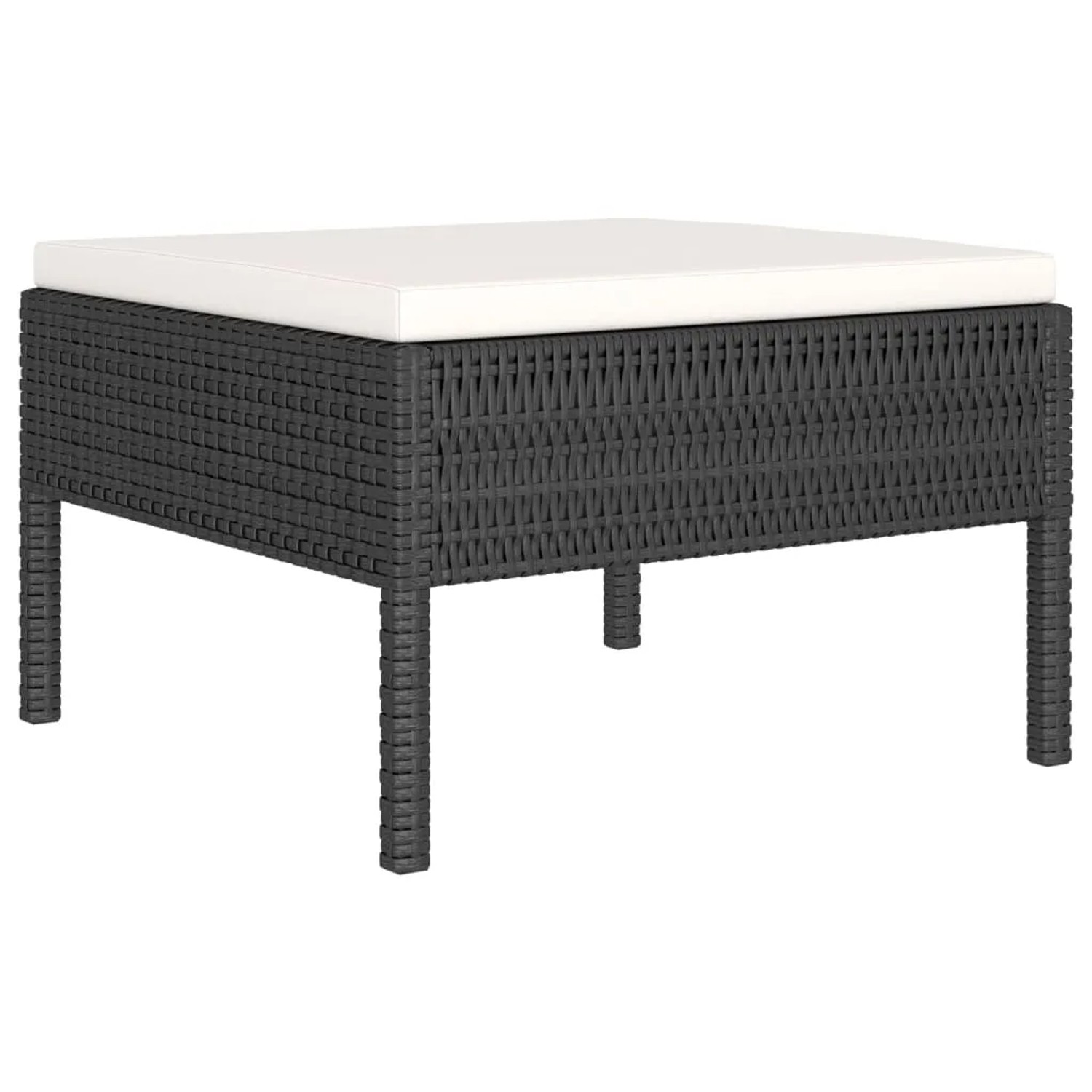 Schwarzer vidaXL Gartenhocker aus Rattan mit creme-weißem Polster, Teil eines Lounge-Sets.