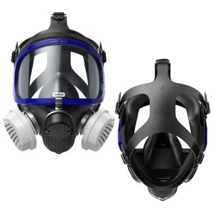 Dräger X-plore 5500 Atemschutzvollmaske mit blauer Umrandung und zwei weißen P3 Filtern für Schutz.