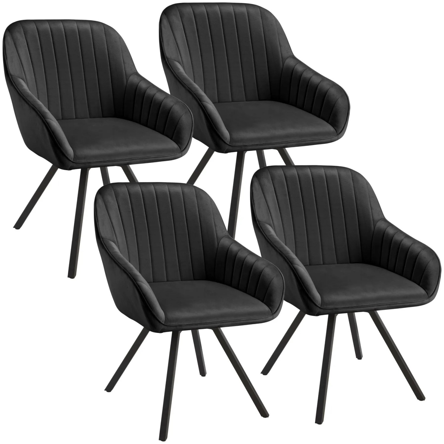 Tectake Drehbarer Armlehnstuhl  Snug Gepolstert  In Samtoptik  Mit Durchgehender Lehne 4Er Set 58 x 58 x 82 cm Schwarz