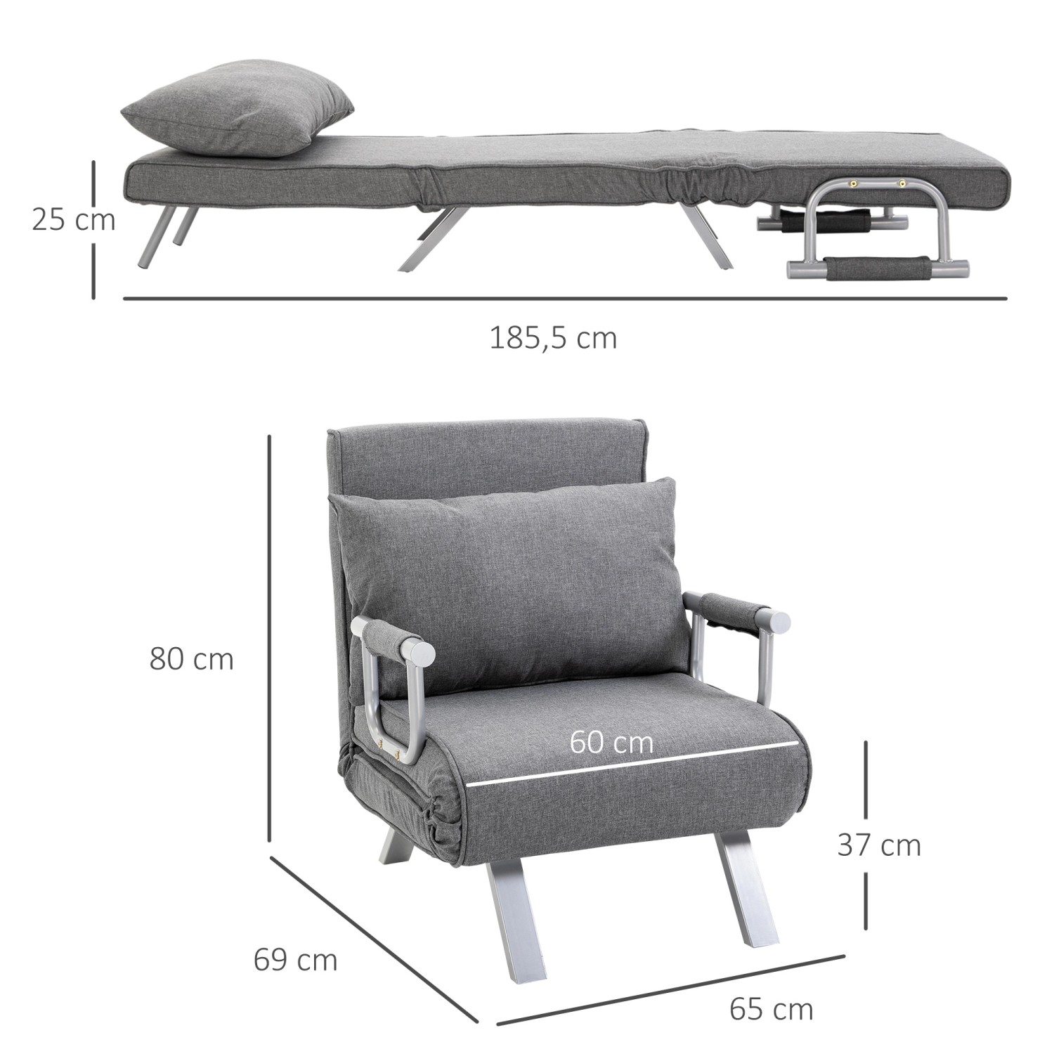 Graues HOMCOM Schlafsofa 3-in-1 mit Kissen und Maßangaben als Sessel und Bett.
