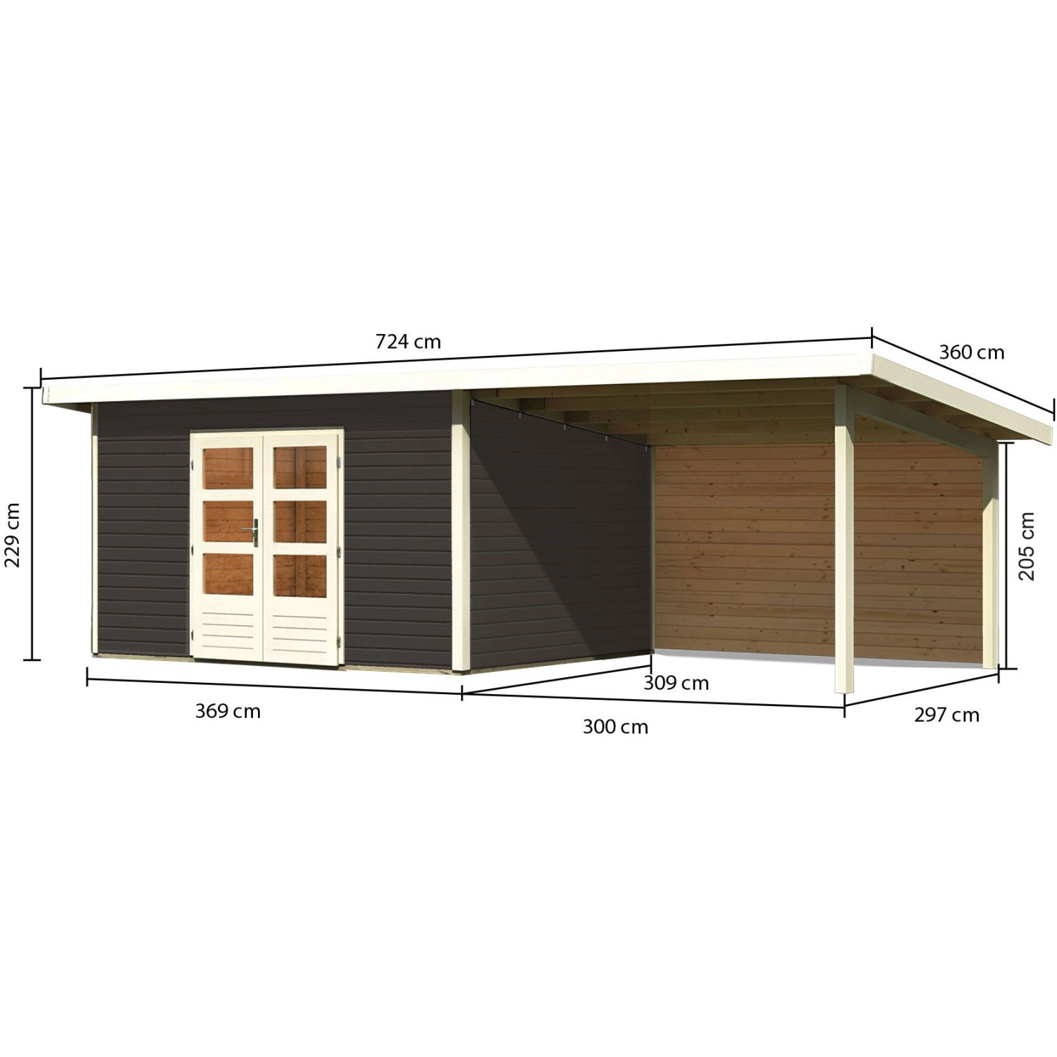 Karibu Holz-Gartenhaus Karlskoga 4, terragrau, mit Pultdach und Anbau. Abmessungen: 365x305 cm.