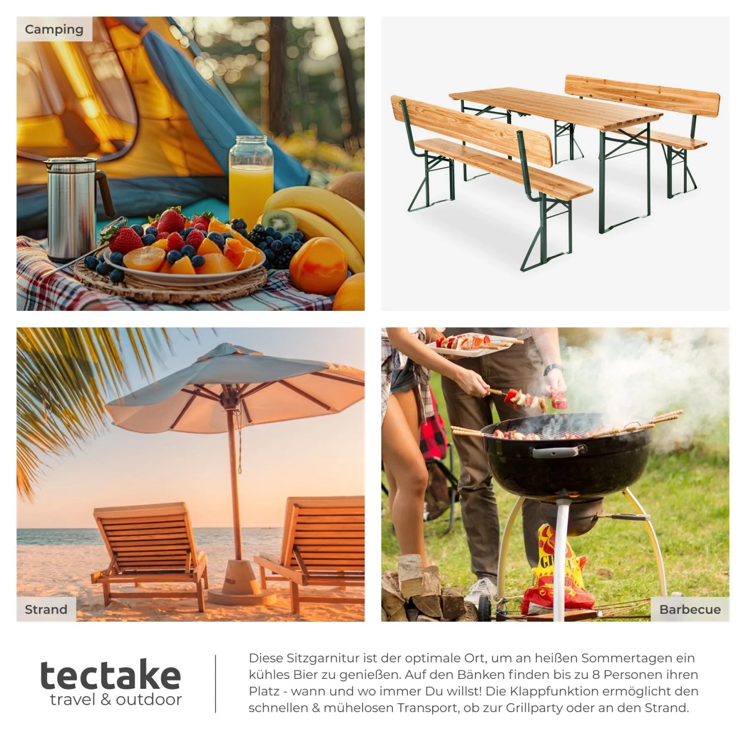 Tectake Bierzeltgarnitur Franz II, 3-teilig, klappbar, aus Tannenholz mit Stahlgestell und Rückenlehnen für Outdoor.
